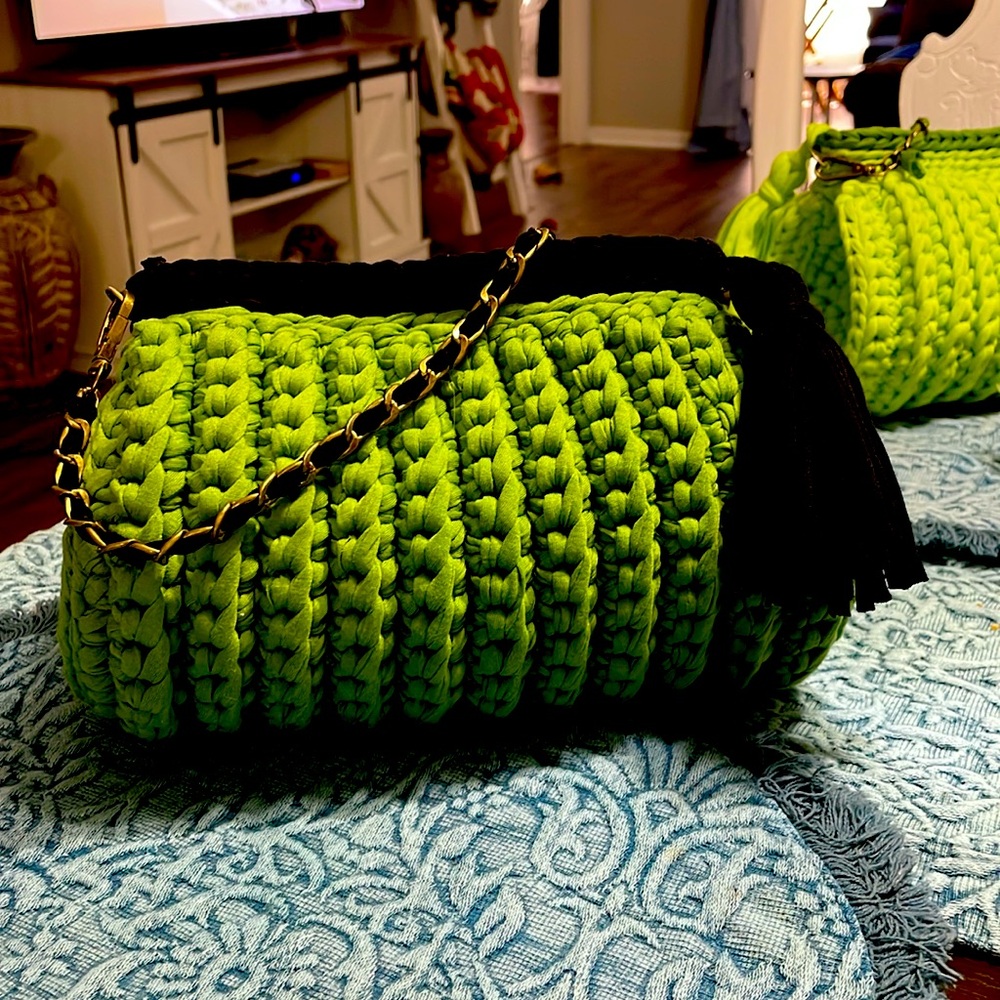 Selling ladies hand made cotton jersey crocheted bag.